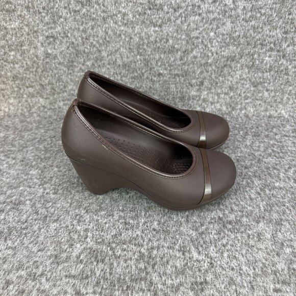 ✅Crocs Lena Womens 7W Cap Toe Wedge Brown Slip-On Heel Pumps Casual Comfort Shoe - Picture 2 of 11